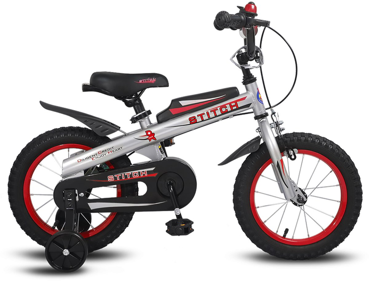 Stitch Chevalier kinderfiets voor jongens en meisjes - 14 inch - zijwieltjes - bellen - handremmen - Zilver Kinderfiets kopen online