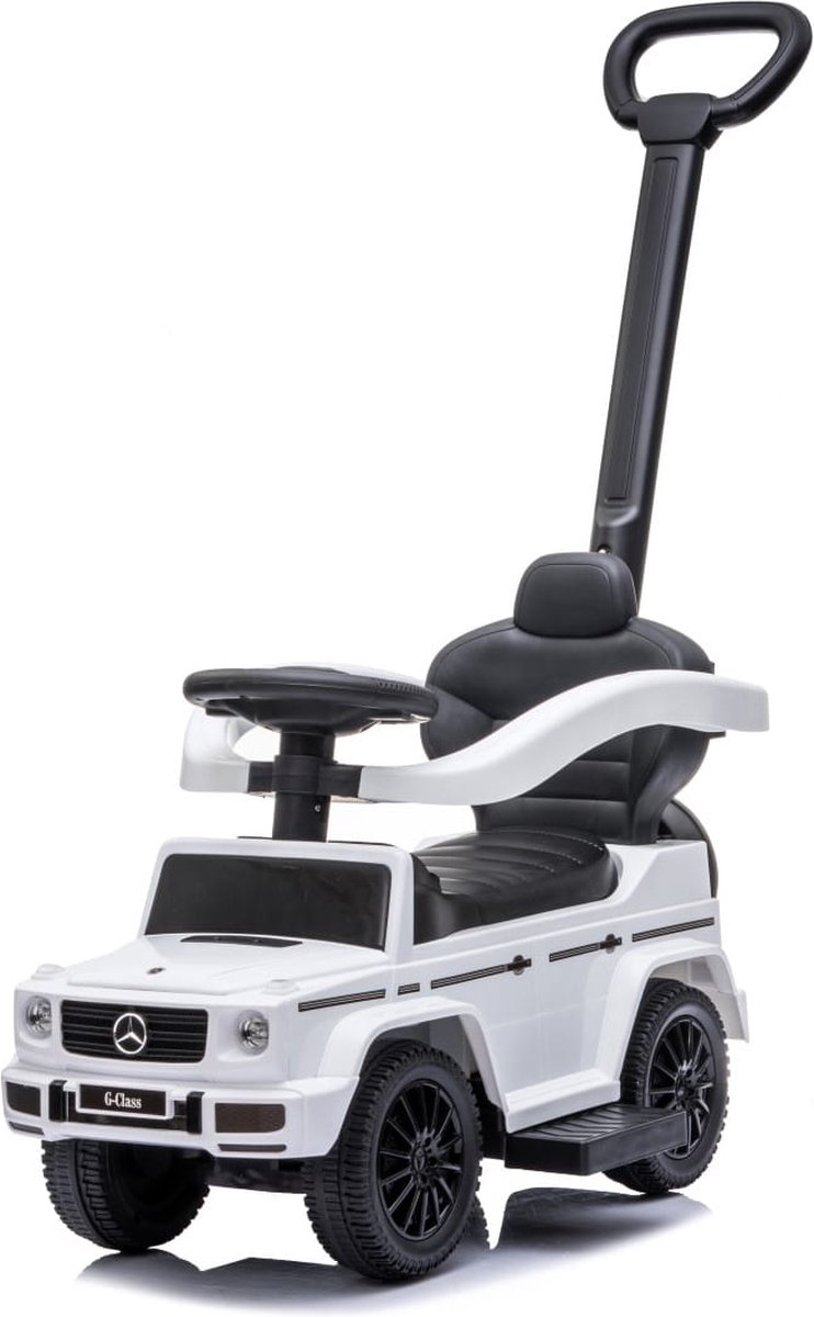 sun baby Duwauto voor kinderen, loopauto Mercedes Benz G met vergunning vanaf 12 maanden met stuur met geluid, kunststof stoel en wielen, duwstang, opbergvak onder stoel, nepreservewiel (Wit) Loopauto kopen online