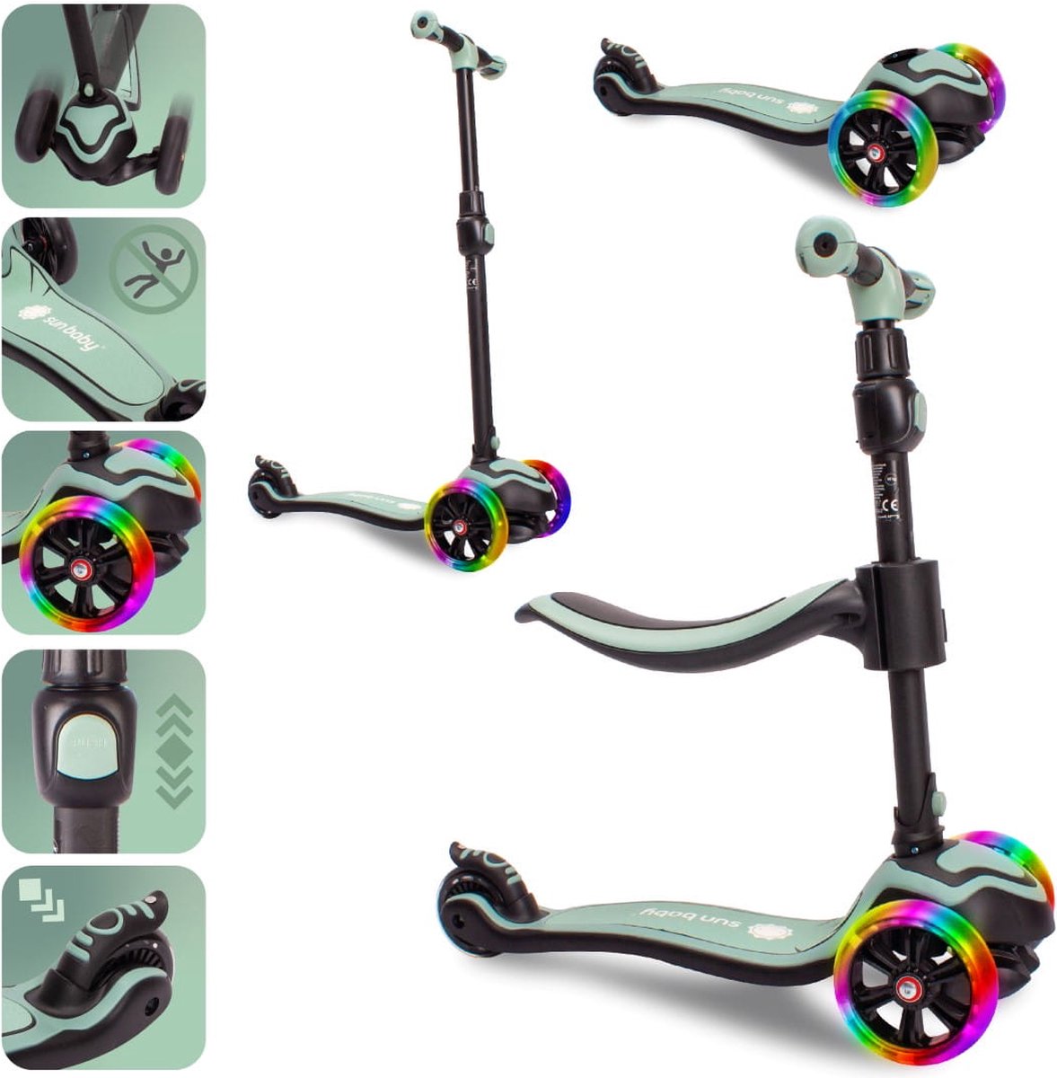 Sun Baby Scooter voor kinderen met Lichtgevende Wielen van 3 jaar, Kinderstep, Driewieler, Verstelbare Hoogtes, Children's Scooter (Groente) Step kopen online