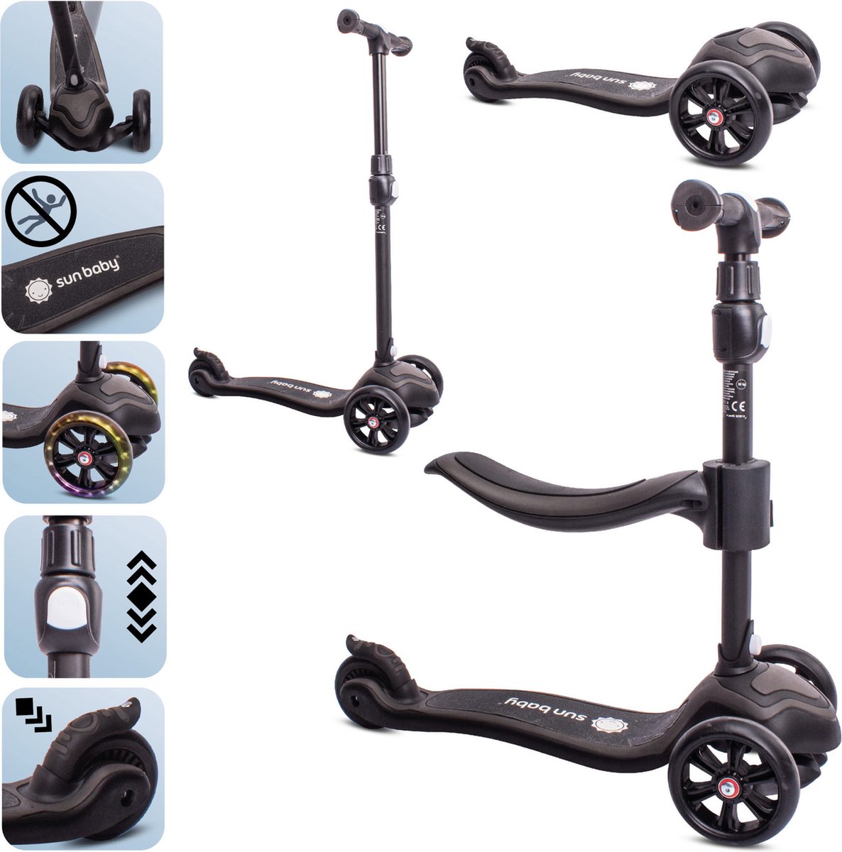 Sun Baby Scooter voor kinderen met Lichtgevende Wielen van 3 jaar, Kinderstep, Driewieler, Verstelbare Hoogtes, Children's Scooter (Zwart) Step kopen online