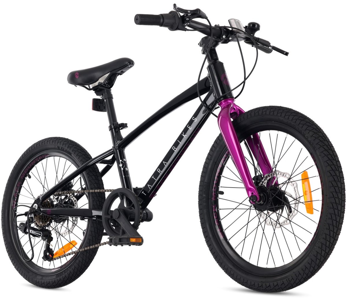tatra bikes kinderfiets 20 inch fiets voor kinderen van 5 tot 8 jaar met aluminium frame 6 derailleurversnellingen schijfremmen bel voetsteun reflectoren zwart violet