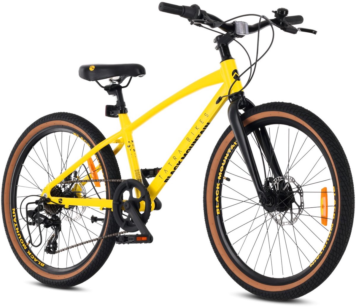 Tatra Bikes Kinderfiets 24 inch, Fiets voor Kinderen van 8 tot 12 jaar met aluminium frame, 7 derailleurversnellingen, schijfremmen, bel, voetsteun, reflectoren (Zwart Geel) Kinderfiets kopen online