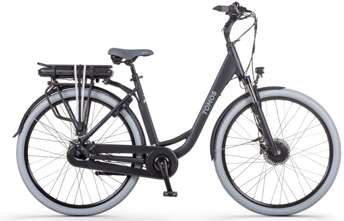 tomos eb 07 elektrische fiets e bike rijklaar geleverd lage instap framemaat 55 uitneembare accu 28 inch 250w ananda motor 90 km actieradius coal black matt