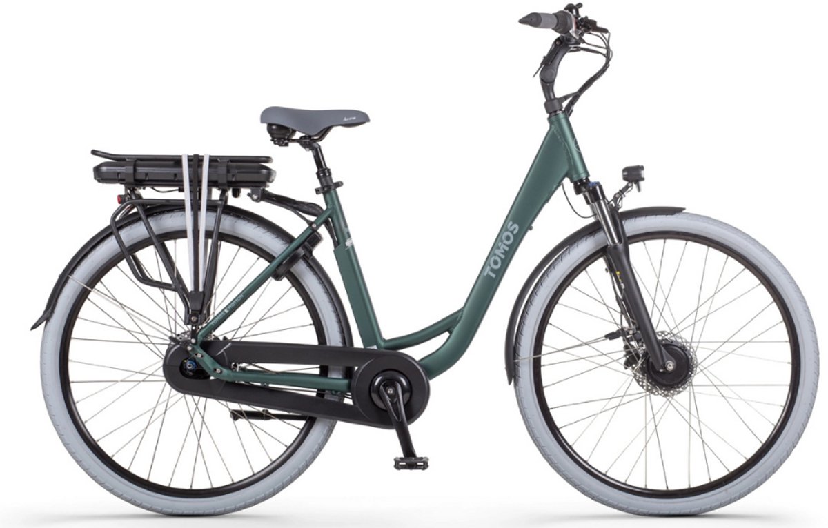 tomos eb 07 elektrische fiets e bike rijklaar geleverd lage instap framemaat 55 uitneembare accu 28 inch 250w ananda motor 90 km actieradius ponderosa green matt