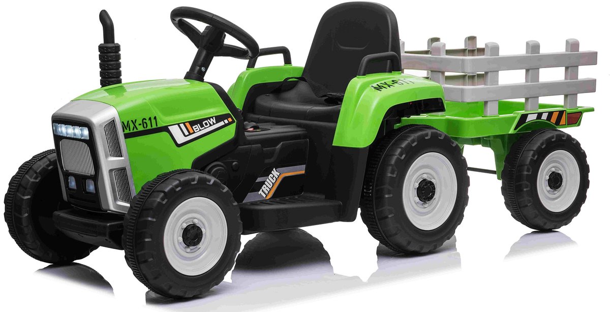 Tractor elektrisch 12V groen + trailer, elektrische kinder tractor 12V, Elektrische Tractor voor kinderen 12V + aanhanger Accuvoertuig kopen online
