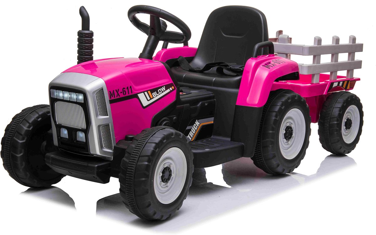 Tractor elektrisch 12V roze + trailer, elektrische kinder tractor 12V, Elektrische Tractor voor kinderen 12V + aanhanger Accuvoertuig kopen online