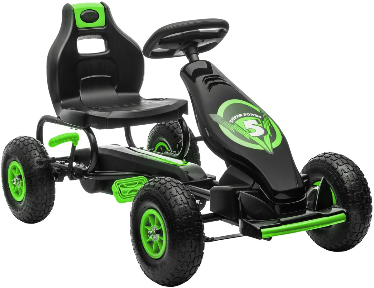 truusk gokart kinderwagen verstelbare zitting rubberen banden pedaal handrem vanaf 5 jaar groen zwart