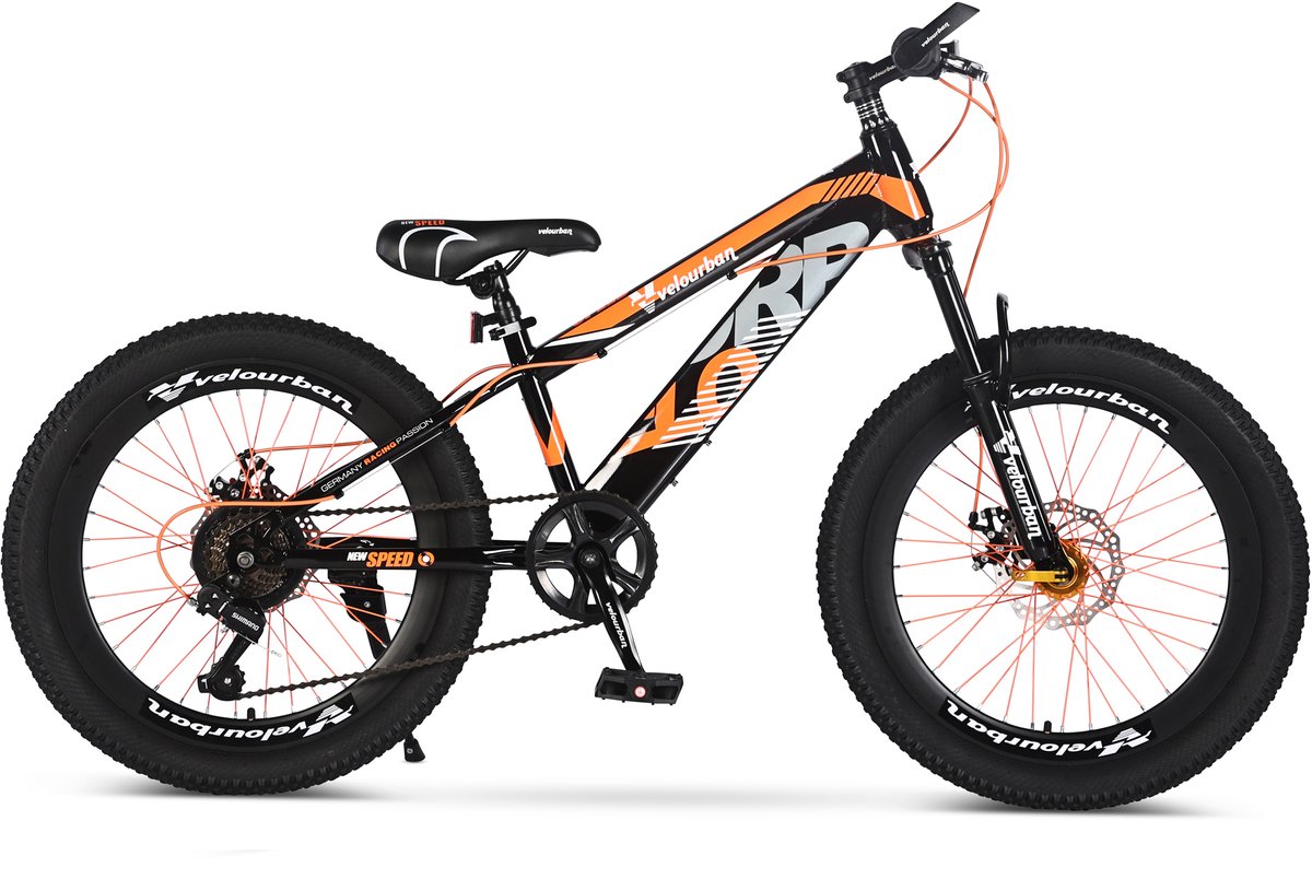 velo urban 22 inch kinder mountainbike 7 speed shimano schijfremmen oranje zwart