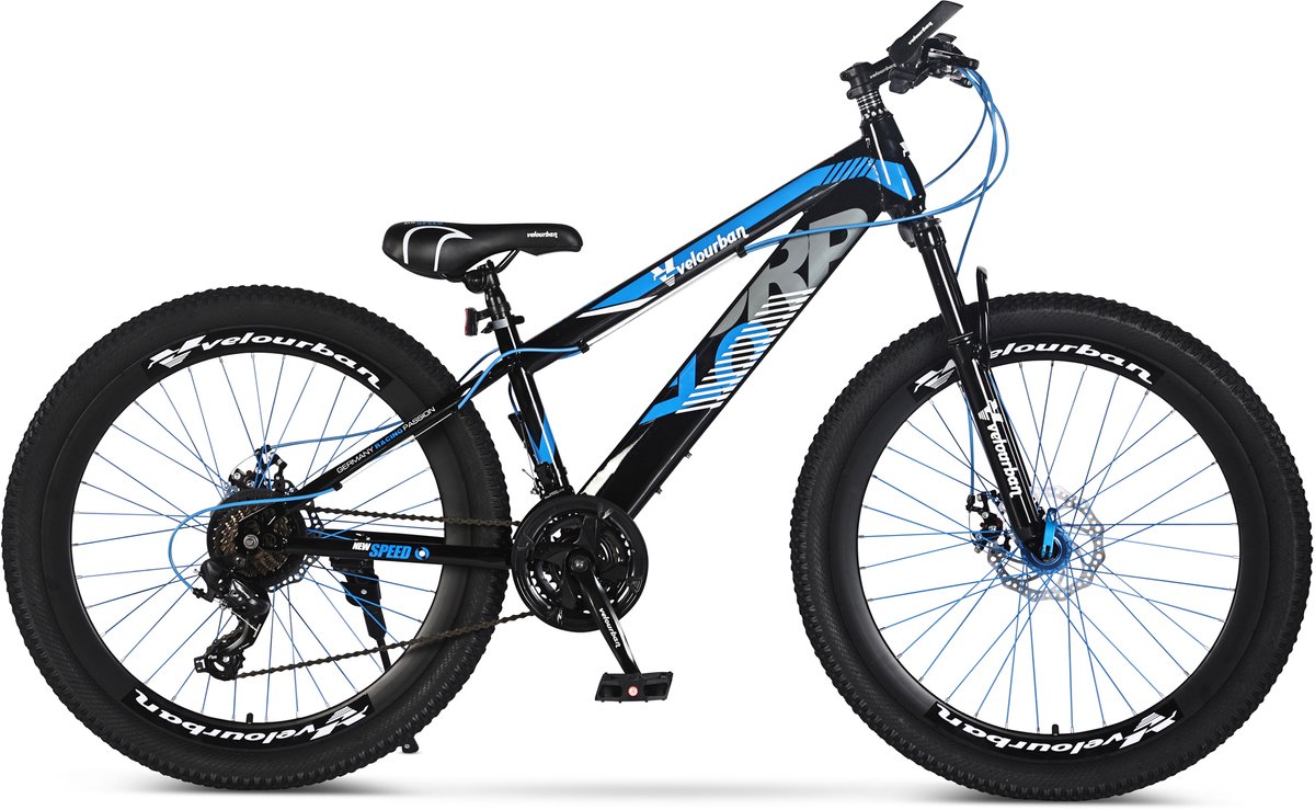velo urban 26 inch jeugd mountainbike 21 speed shimano schijfremmen blauw zwart