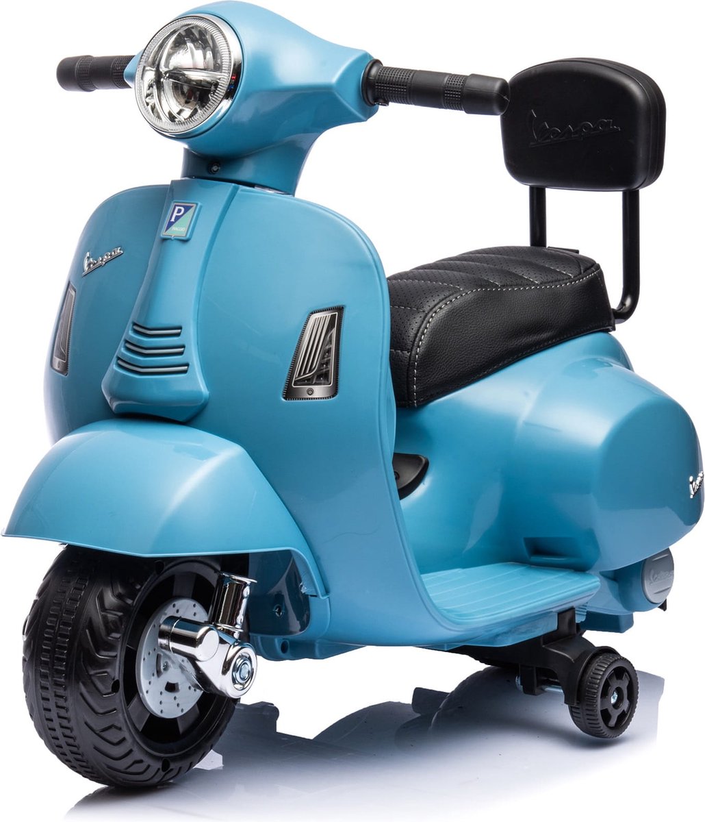 Vespa Elektrische motorfiets, kindermotorfiets met claxon, gaspedaal, licht, zijwielen (Blauw met rugleuning) Accuvoertuig kopen online