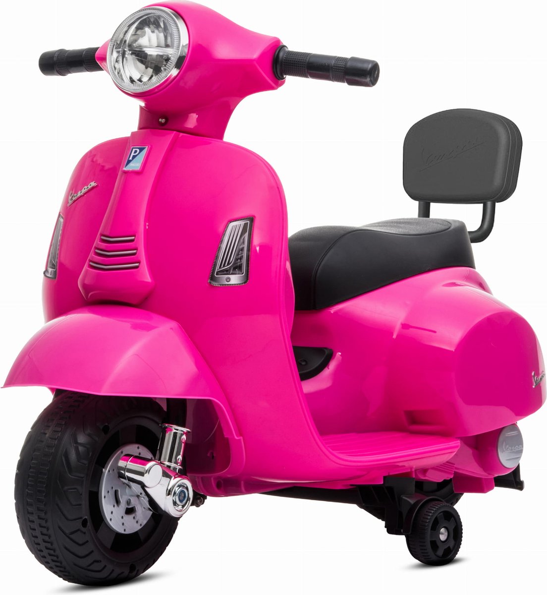 vespa elektrische motorfiets kindermotorfiets met claxon gaspedaal licht zijwielen fuchsia met rugleuning