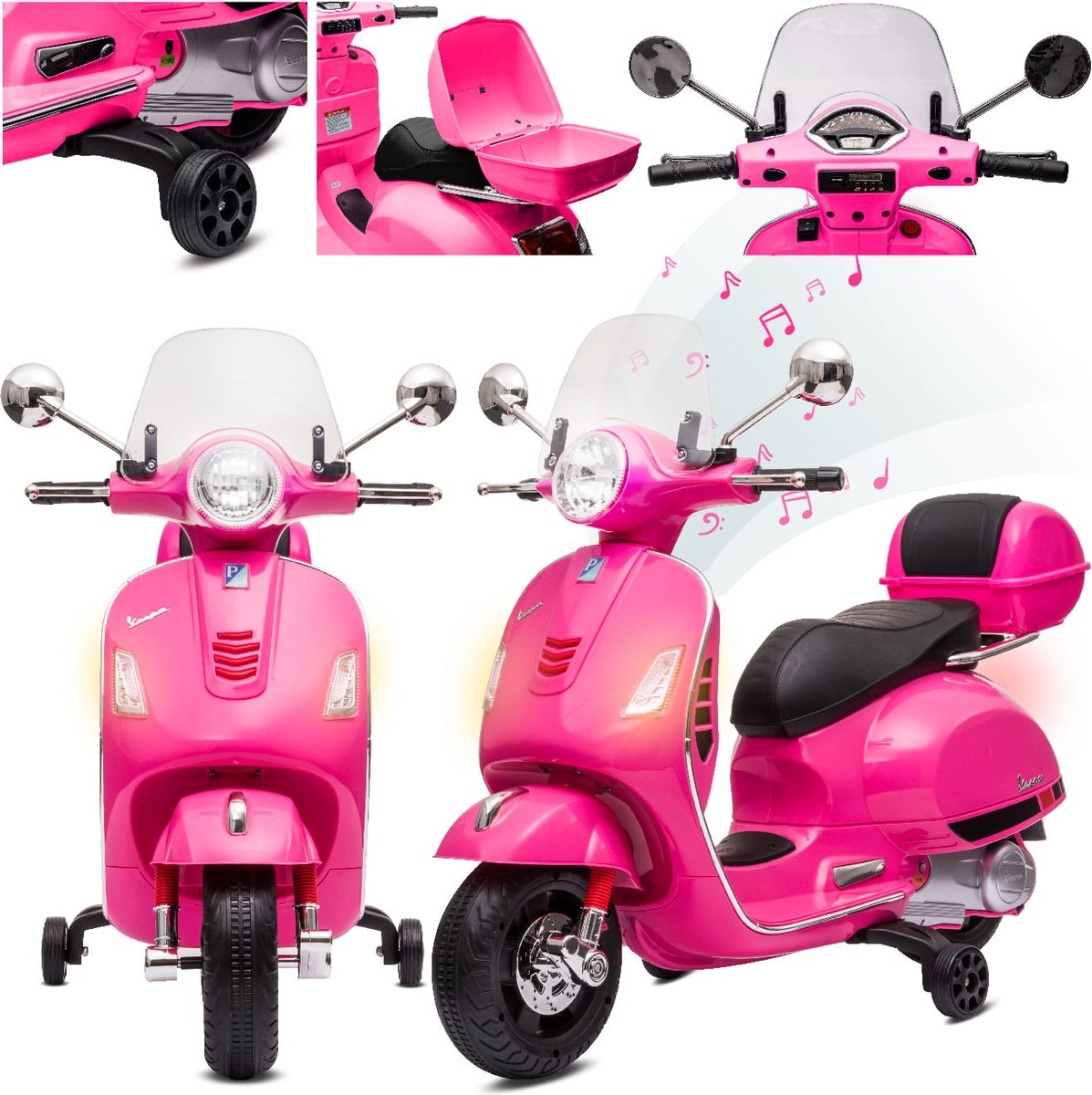 Vespa Elektrische motorfiets, kindermotorfiets met plastic wielen en stoel, kofferbak, MP3-speler, USD MicroSD AUX-aansluiting (Fuchsia) Accuvoertuig kopen online