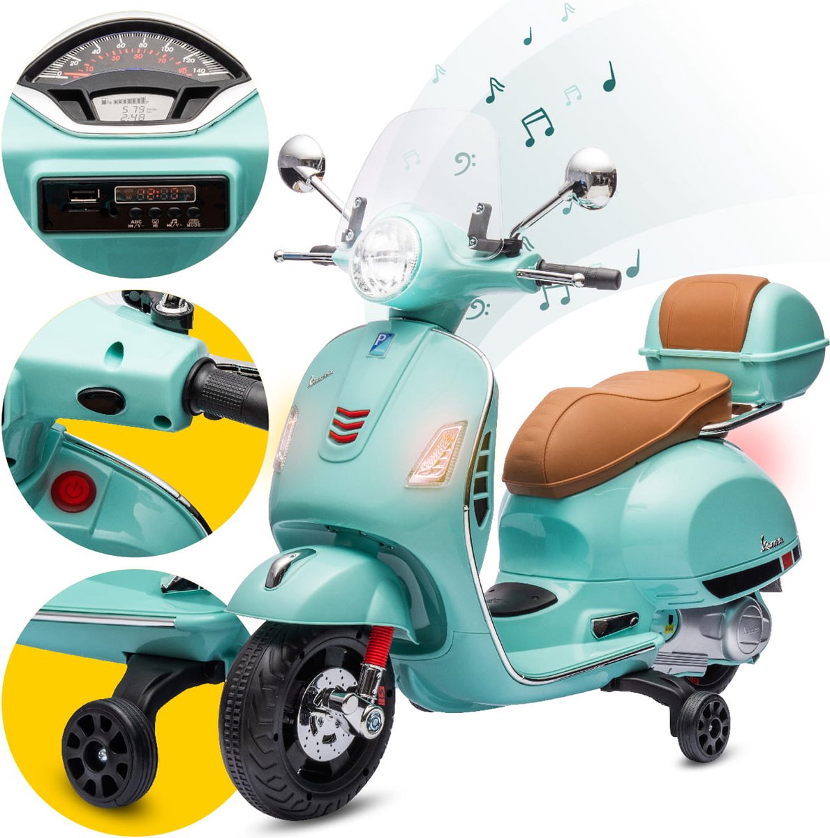 Vespa Elektrische motorfiets, kindermotorfiets met plastic wielen en stoel, kofferbak, MP3-speler, USD MicroSD AUX-aansluiting (Turkoois) Accuvoertuig kopen online