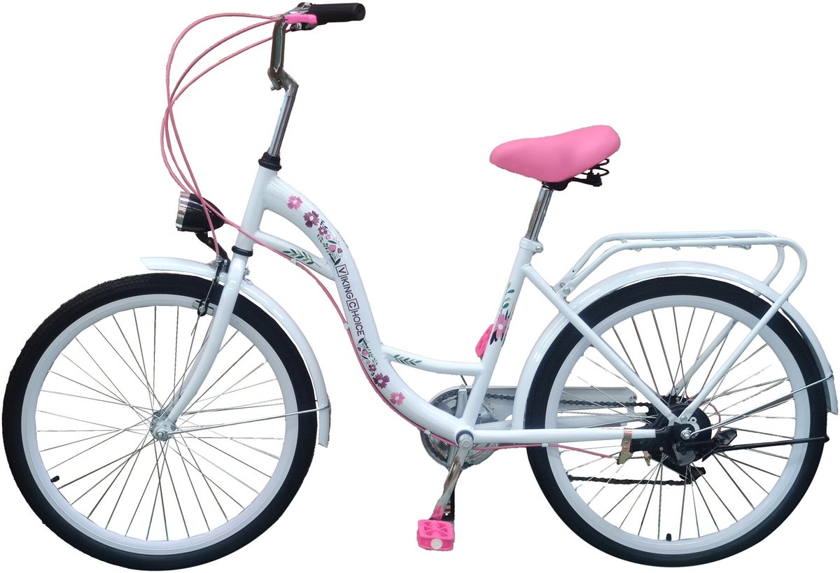 viking choice kinderfiets 24 inch meisjesfiets wit met roze wielen 6 shimano versnellingen