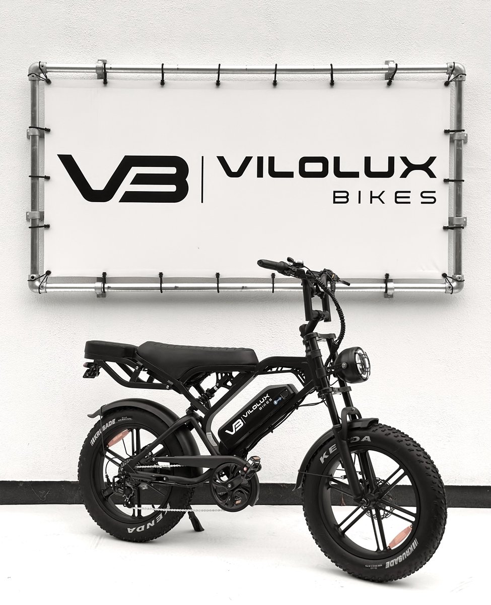 vilolux fatbike electrisch fatbike v20 pro 2025 model achterzit legaal rijklaar geleverd 2 jaar garantie telefoontasje hydraulische remmen alarm zwart