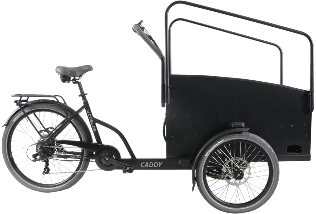 vogue caddy elektrische bakfiets mat zwart grijze accenten accu 468wh 36v 13ah bafang achterwielmotor shimano 7 versnellingen hydraulische remmen
