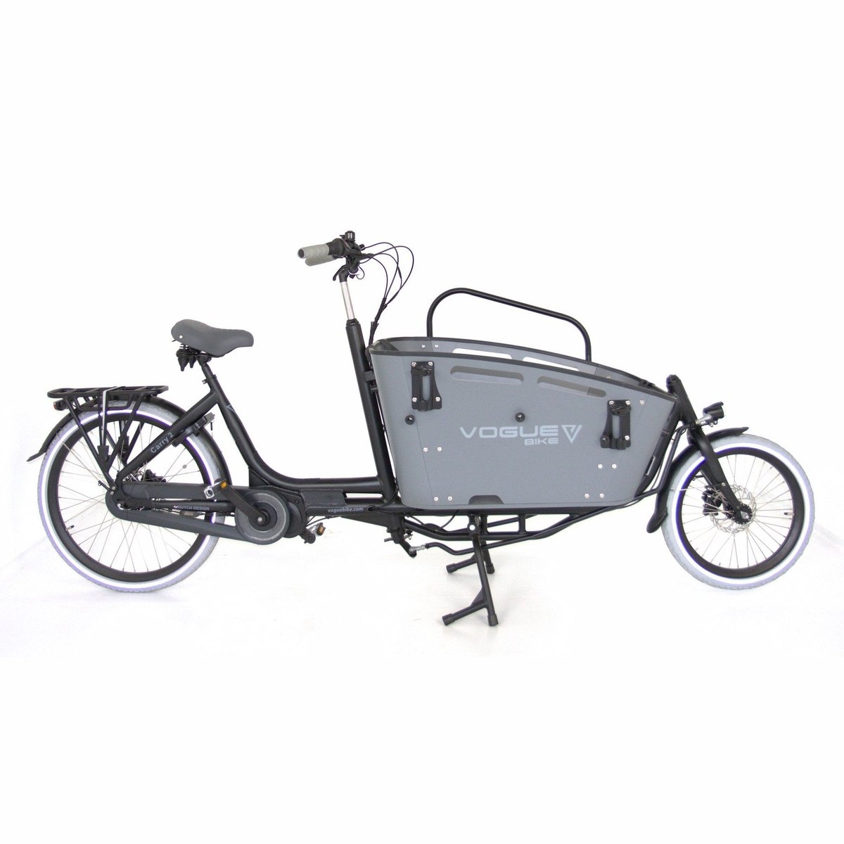 vogue carry 2 mat grijs elektrische bakfiets 80nm middenmotor 15ah accu 8 versnellingen hydraulische schijfremmen