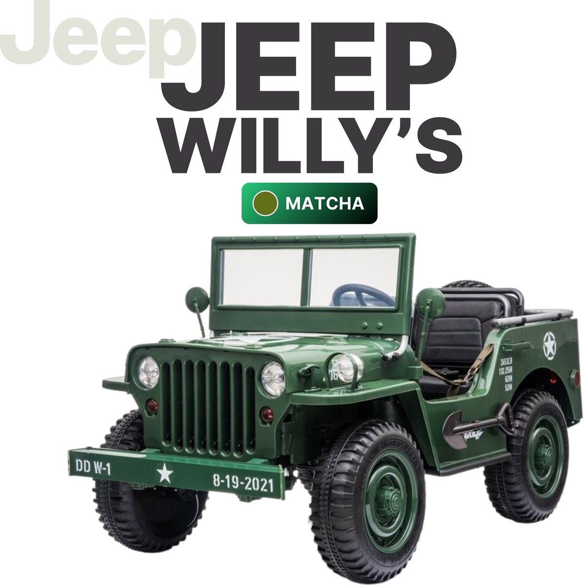 Willy’s Kinderjeep Matcha - 3-persoons - Elektrische Kinderauto - 24V - 4x4 met uitneembare accu - Militaire groene Elektrische Kinderauto Accuvoertuig kopen online