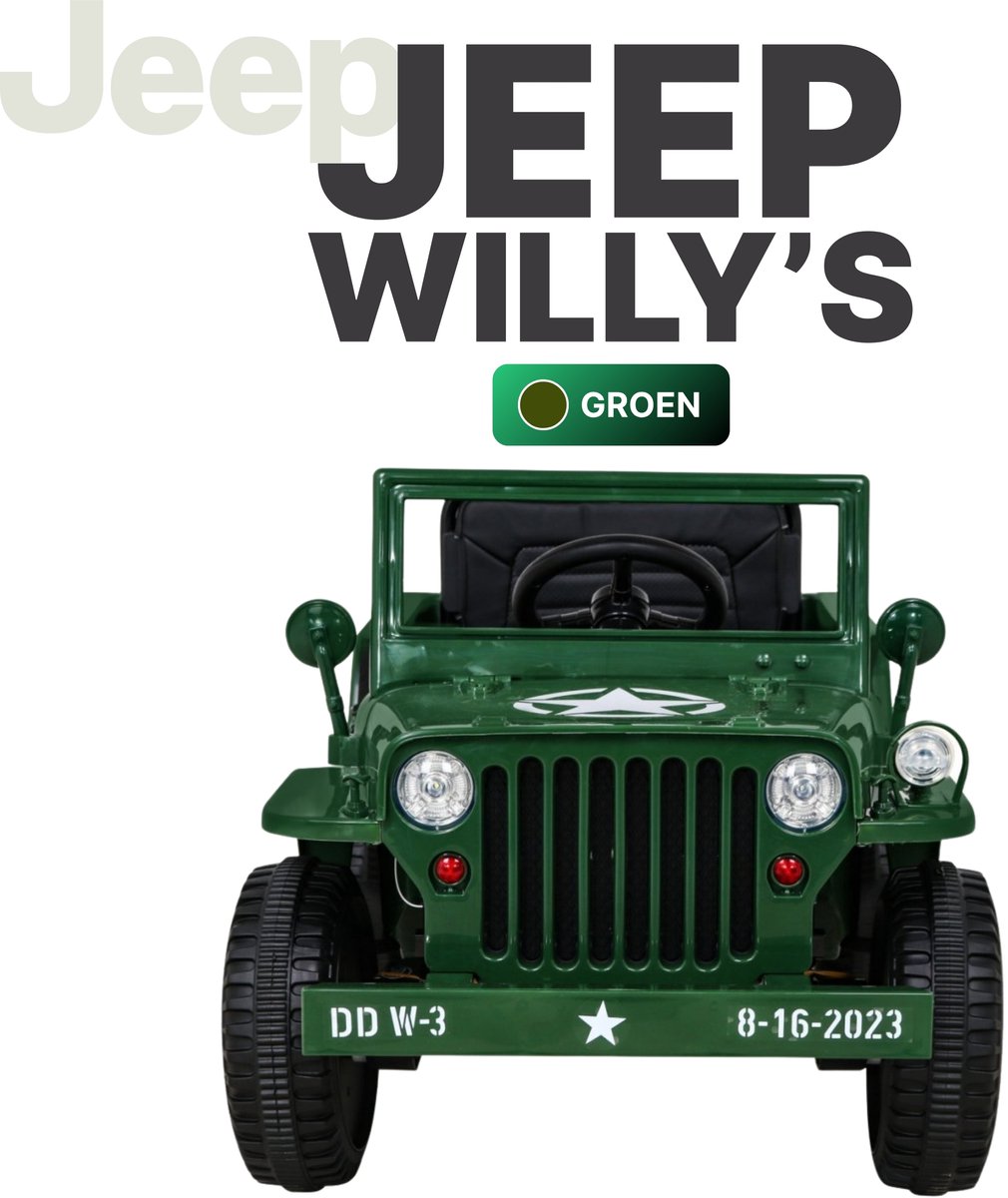 Willys Kinderjeep Matcha - 1-persoons - Elektrische kinderauto Jeep - Legergroen - Open cabine met gordel - Elektrische auto voor kinderen Accuvoertuig kopen online