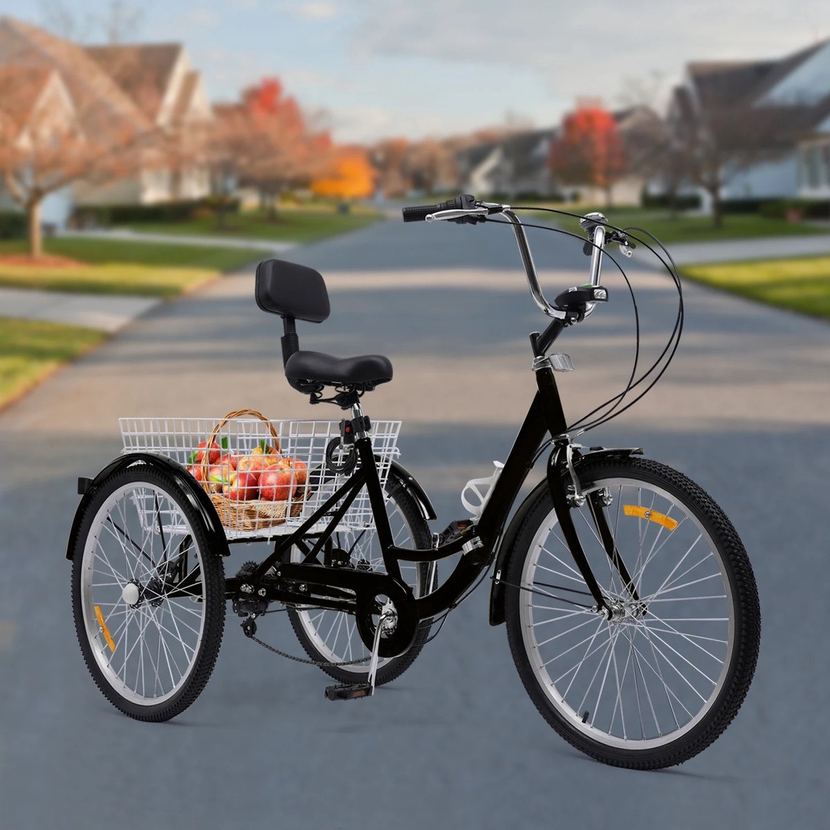 wnhb 24 inch driewieler voor volwassenen opvouwbare 3 wiel fiets met 7 versnellingen fietsmand rugleuning en led verlichting zwart