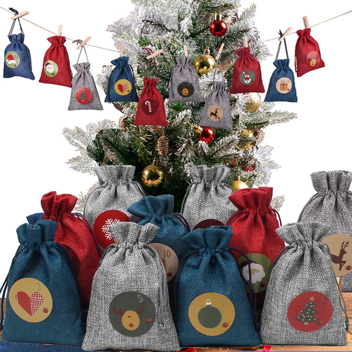 24 Advent om te vullen - Grote stoffen zakken, cadeauzakken, zelfvullende hangende kerstkalender, 48 stickers, kerstcadeauzakken voor kinderen, vrouwen, mannen Fiets (elektrisch) kopen online