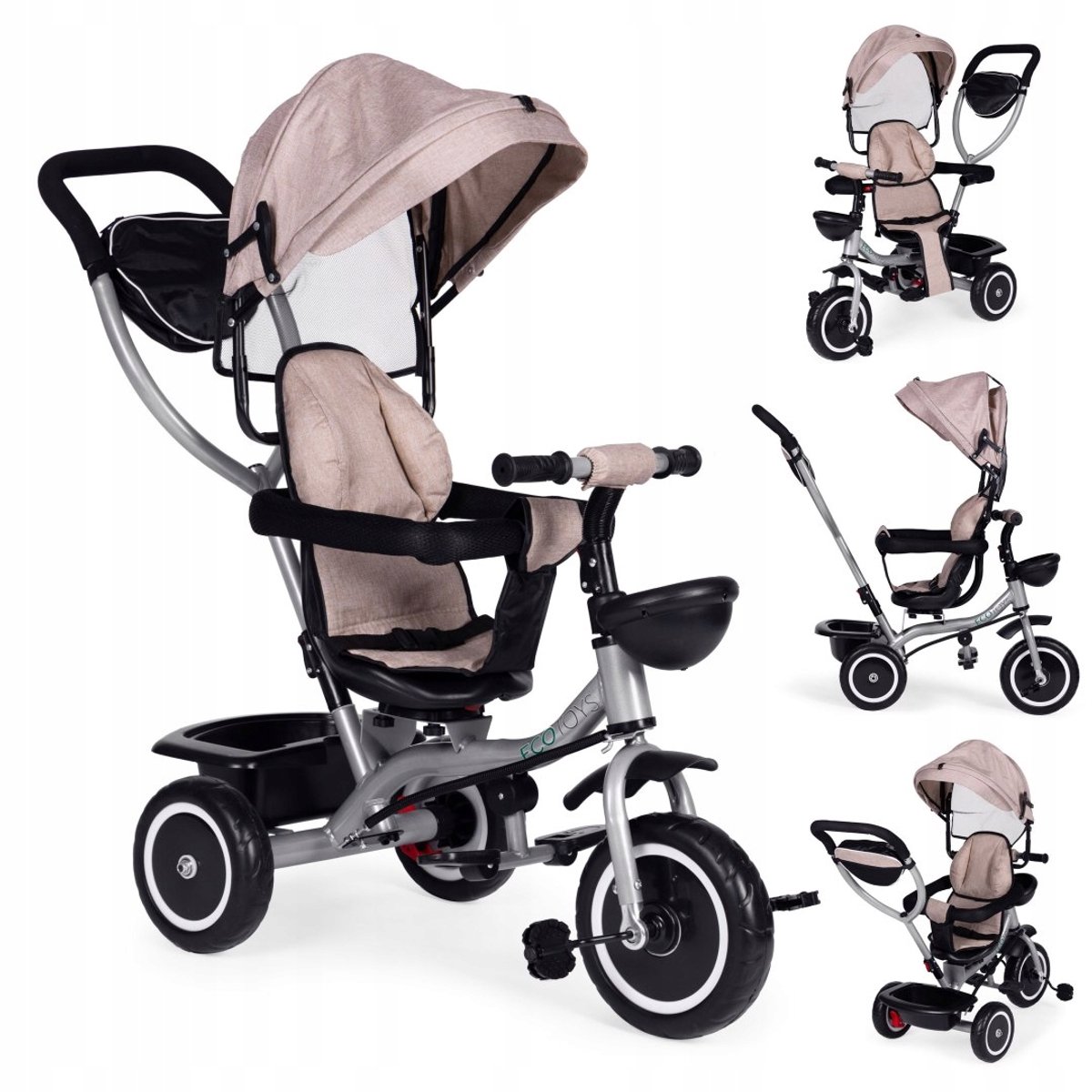 3-wieler loopfiets 2-in-1 met omkeerbaar zitje en zonnekap - Beige Driewieler kopen online