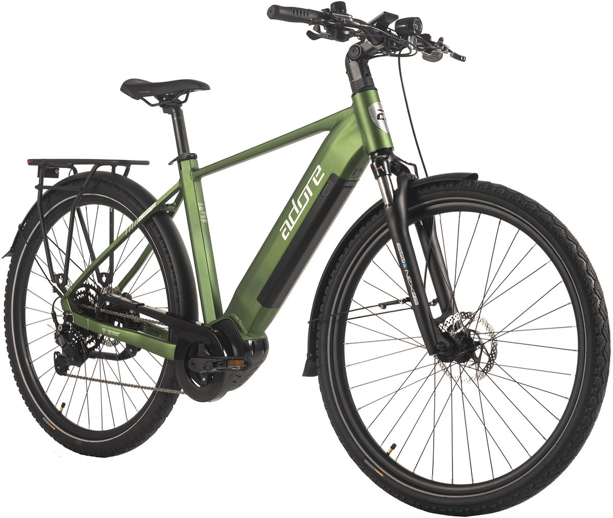 adore e trekkingbike 28 aluminium trekking e bike atx 670 middenmotor 60nm 15ah groen mat