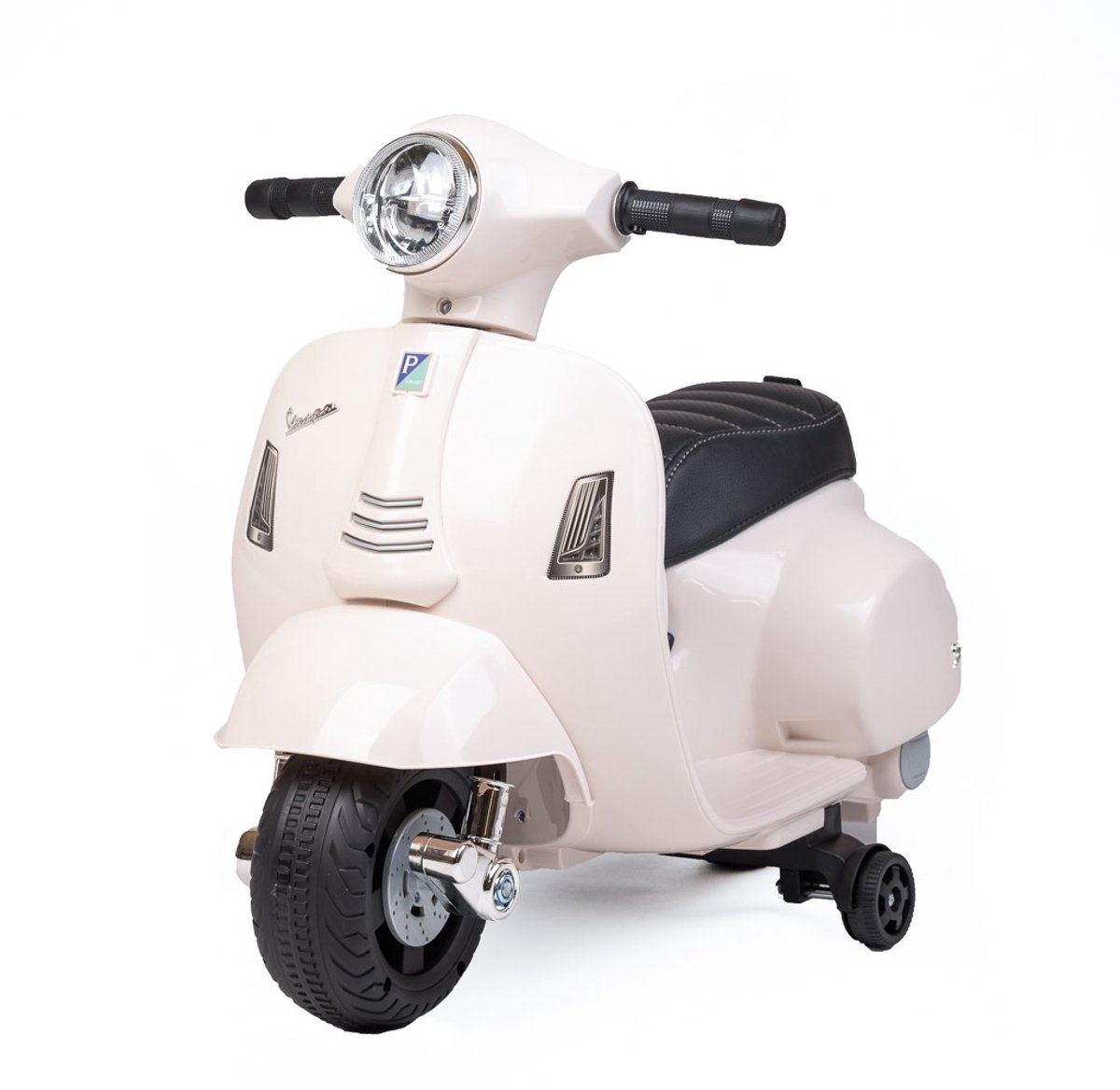 Baby Mix - Kinderscooter - Crèmekleurig met steunwieltjes - Antislip handvatten - Zwart gestoffeerde zitting - Kindermotor - Vespa scooter - Kids scooter - Veiligheids scooter - Stabiliteit scooter Accuvoertuig kopen online