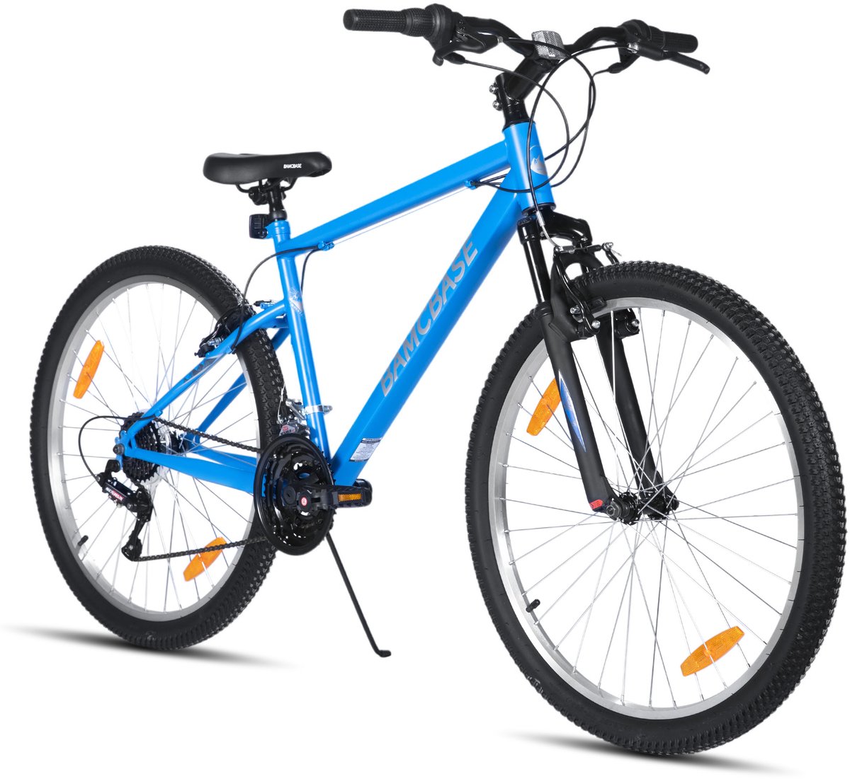 bamcbase agave voorvering mountainbike 26 inch carbonstalen frame 18 versnellingen handrem v brake spatborden blauw