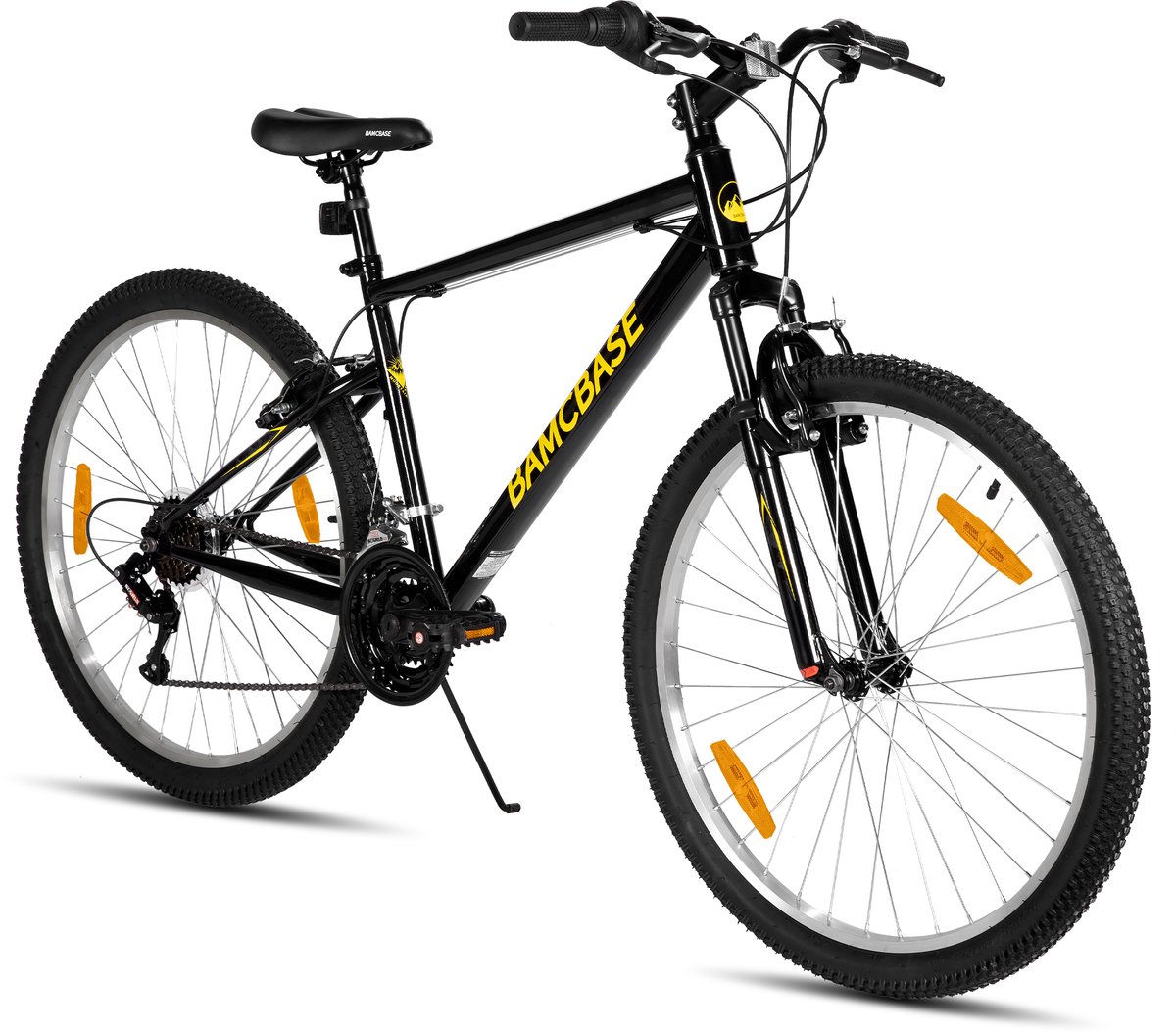 bamcbase agave voorvering mountainbike 26 inch carbonstalen frame 18 versnellingen handrem v brake spatborden zwart