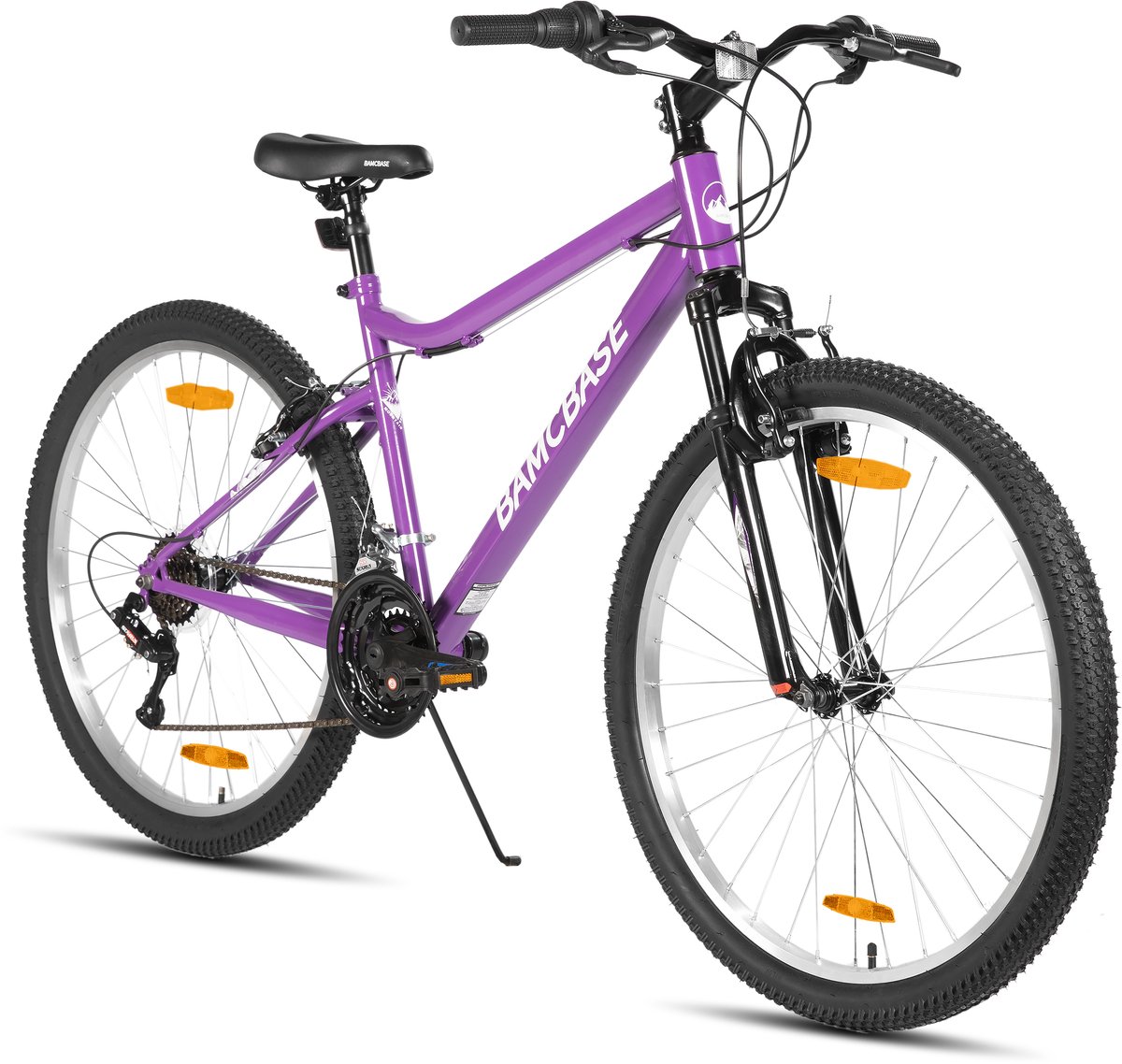 BAMCBASE Lilac Voorvering Mountainbike - 26 inch - Carbonstalen Frame - 18 Versnellingen - Handrem - V-Brake - Spatborden - Paars Fiets kopen online