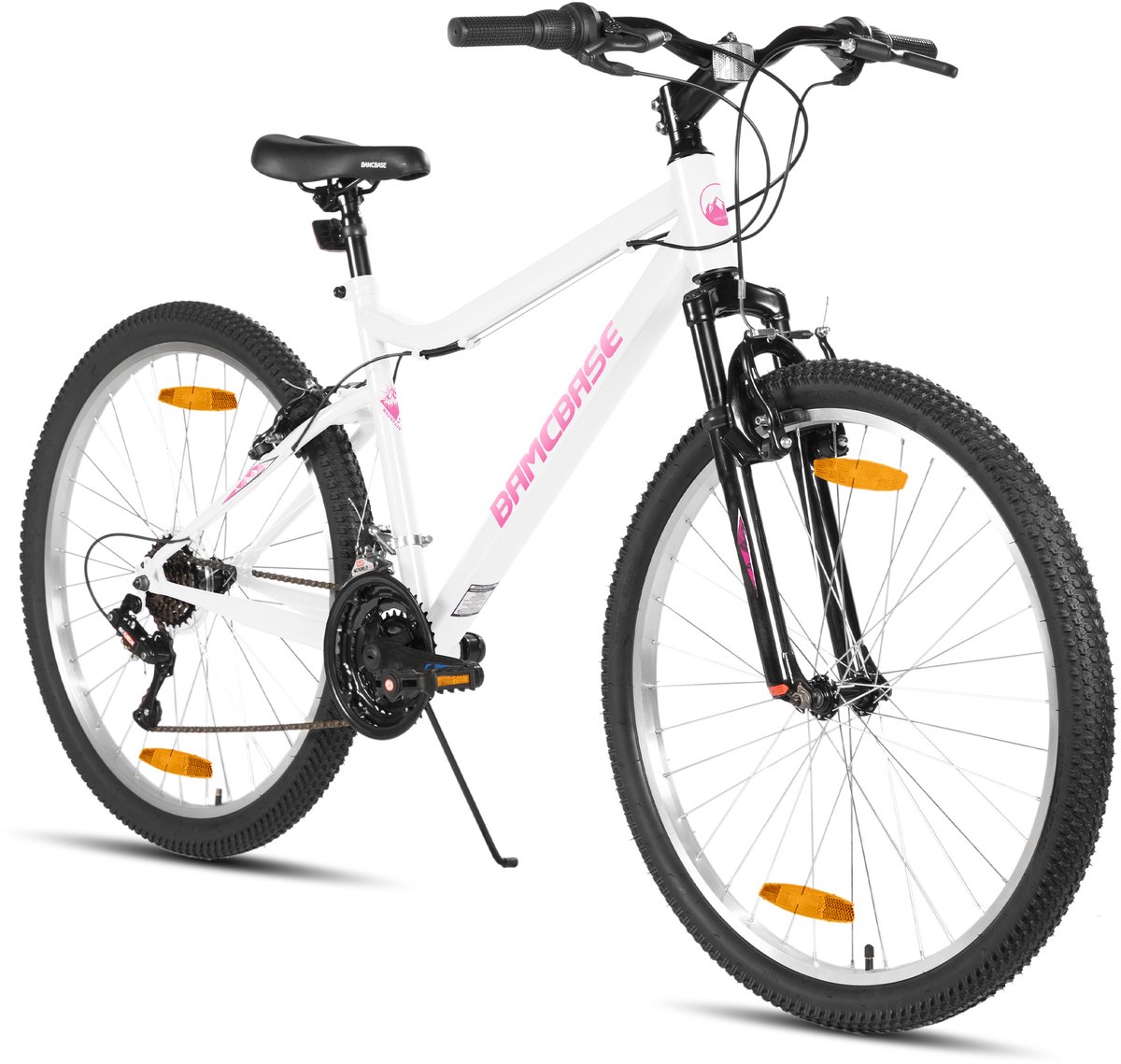 bamcbase lilac voorvering mountainbike 26 inch carbonstalen frame 18 versnellingen handrem v brake spatborden wit