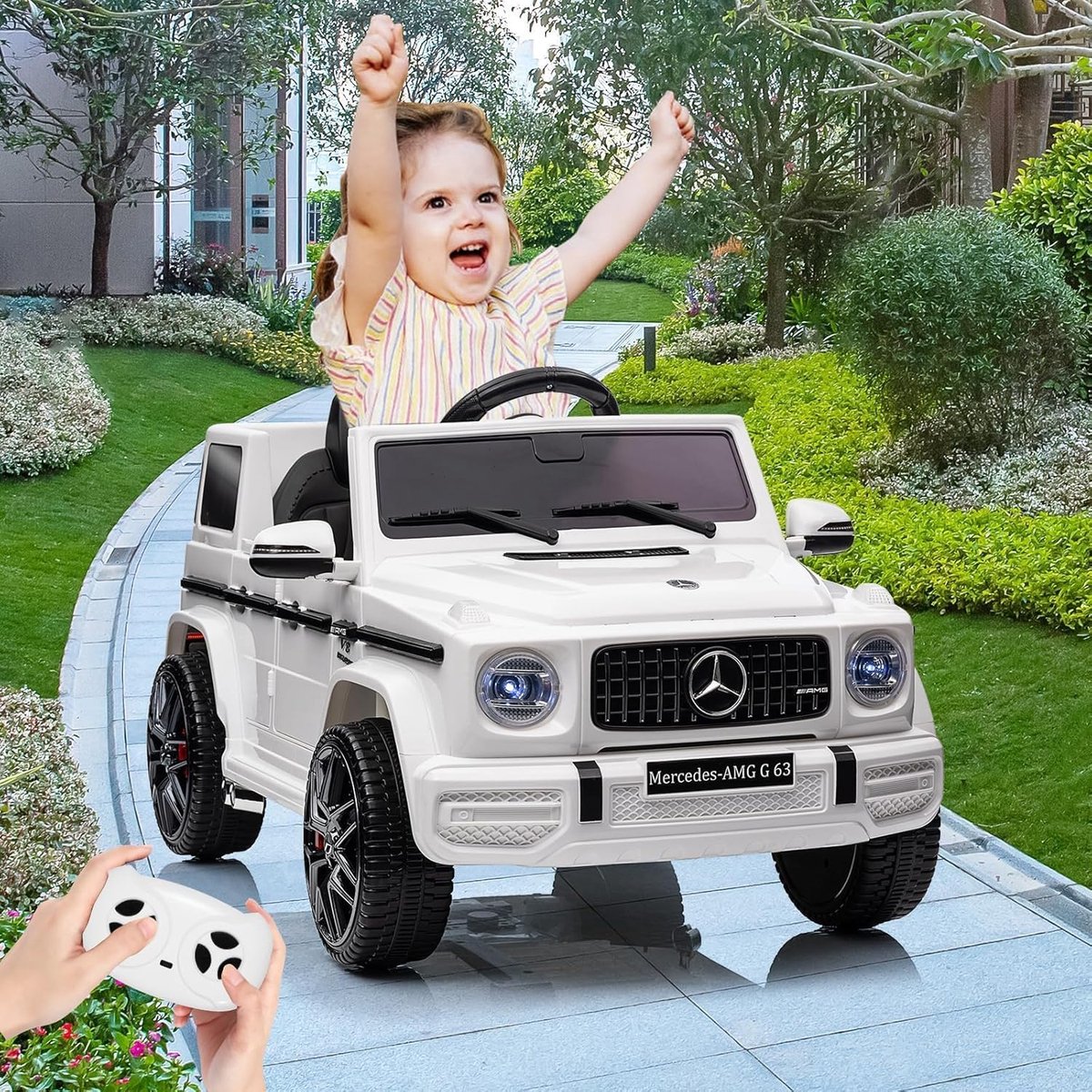 Brisakys Mercedes-Benz G63 AMG klasse AMG 12V Accu auto Elektrische Kinderauto met Rubberen banden, Lerenzitje, Bluetooth en Afstandsbediening (Wit) Accuvoertuig kopen online