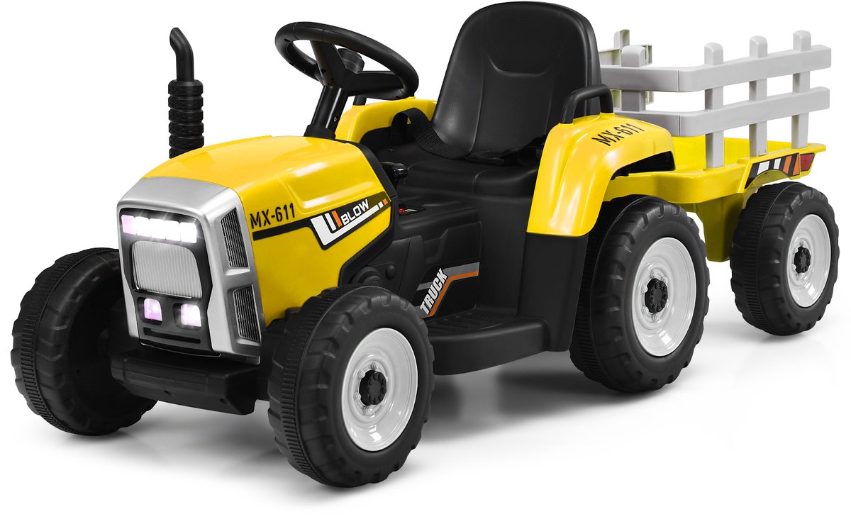 costway 12 v 3 versnellingen tractor met afneembare aanhanger en 2 4 g afstandsbediening kinderzittractor met ledverlichting muziek claxon en usb functies geel