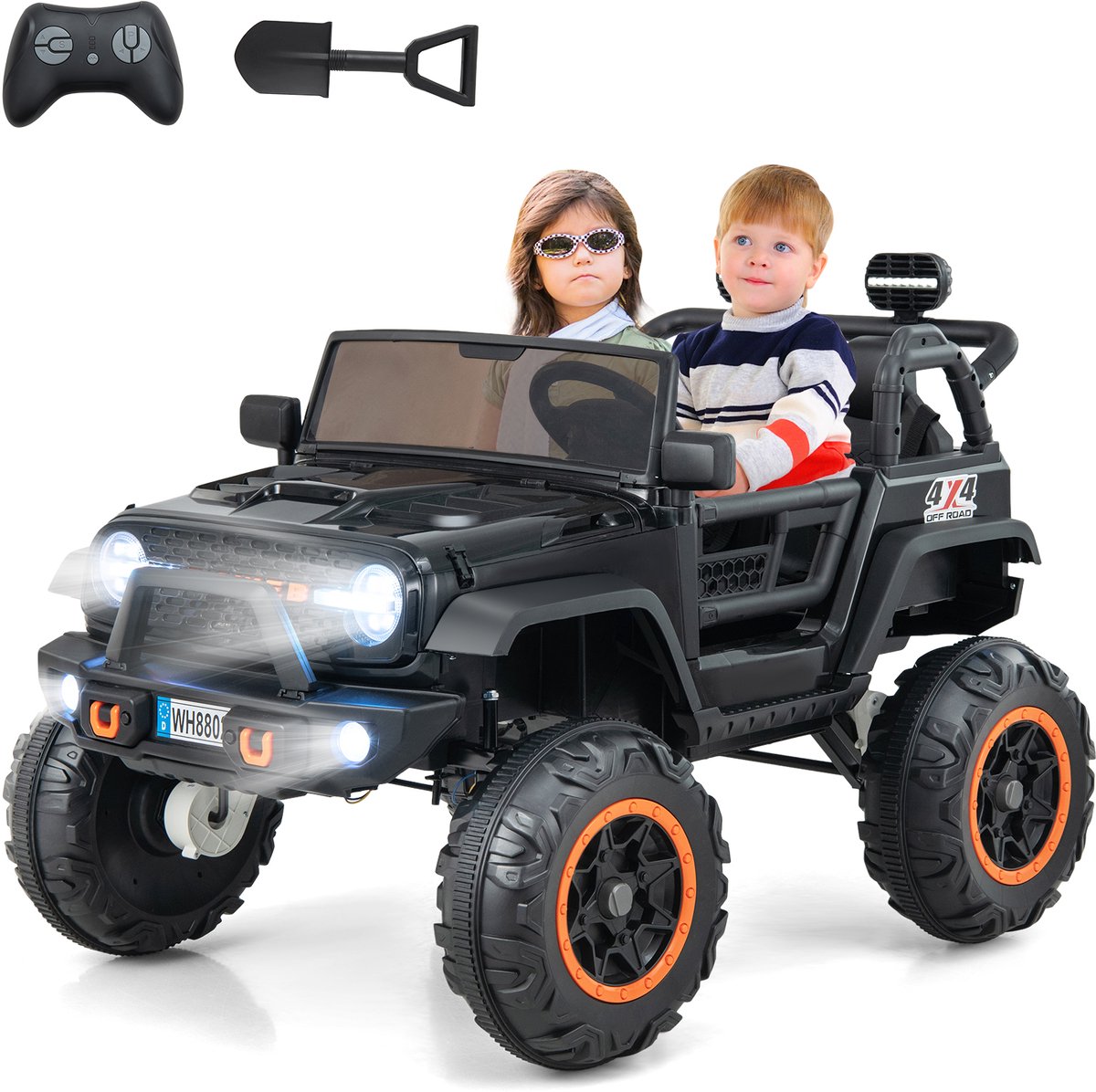 COSTWAY 2-zits elektrische auto voor kinderen, 24 V kindervoertuig met afstandsbediening en schep, elektrisch voertuig met muziek en verhalen en USB & claxon, jeepauto voor kinderen vanaf 3 jaar Accuvoertuig kopen online