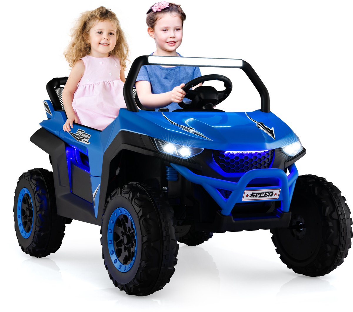 COSTWAY 2-zits kinderauto met 2,4G afstandsbediening, 12V kinderUTV met muziek en koplamp, Auto 2-4 km/u, voor kinderen vanaf 3 jaar (blauw) Accuvoertuig kopen online