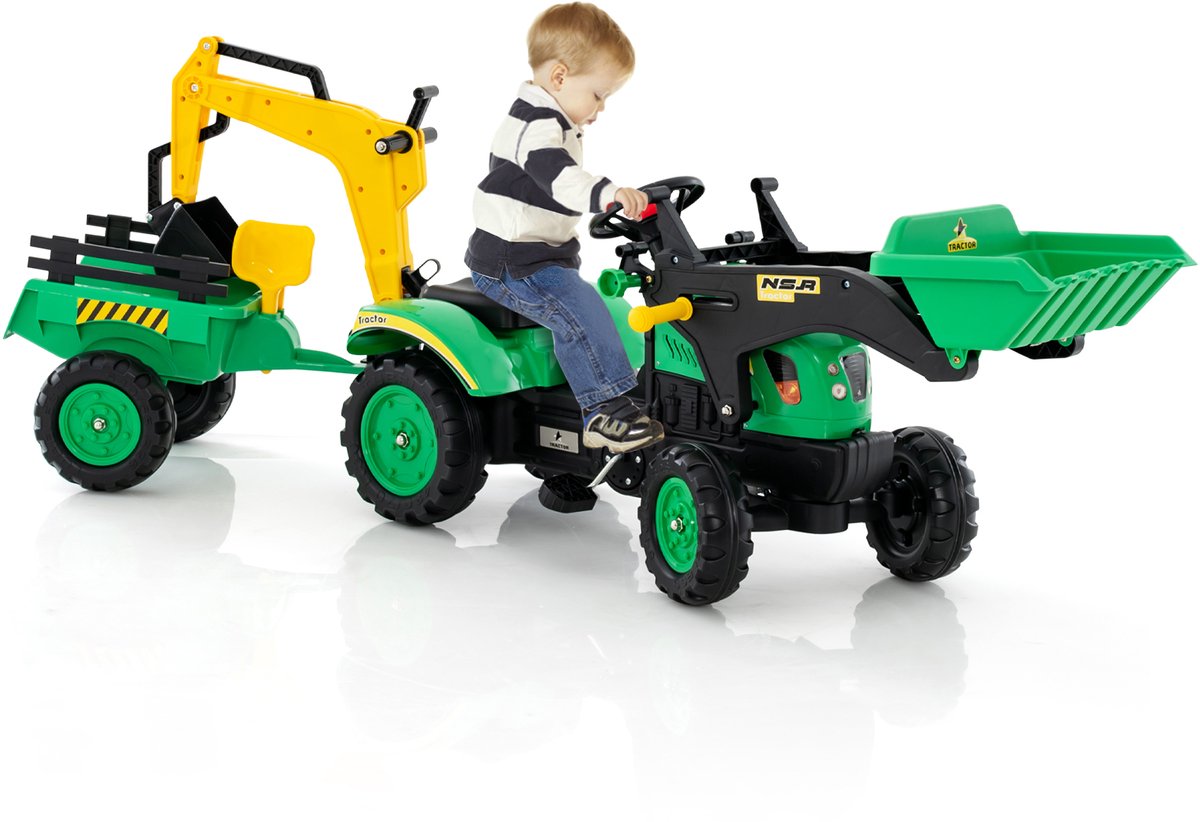 COSTWAY Tractor, kindertractor met afneembare aanhanger en grafschep, graaflader tot 35 kg belastbaar, graafmachine voor kinderen van 3 tot 6 jaar, groen Accuvoertuig kopen online