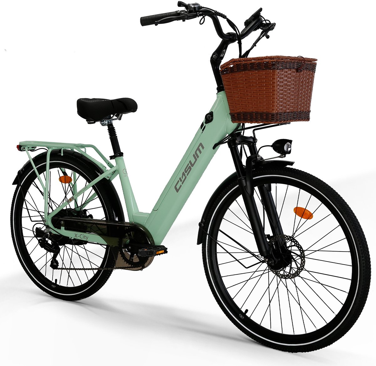 cysum x city elektrische fiets 48v 10 4ah accu tot 100 km actieradius 250w achterwielmotor shimano 7 speed met bagagedrager mand elektrische stadsfiets groen