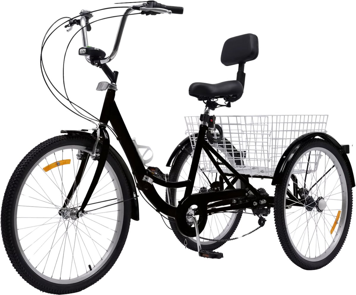 driewieler 24 inch fiets voor volwassenen en senioren 7 versnellingen opvouwbare trike met mand en led verlichting zwart