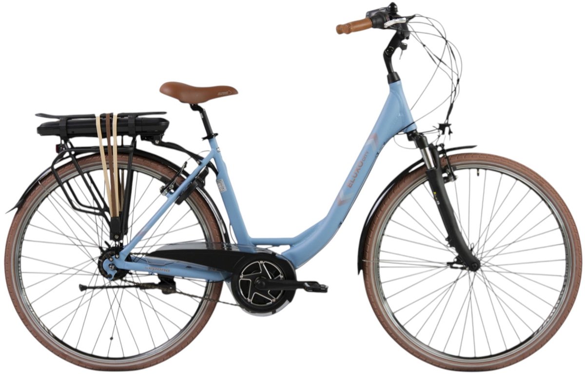 eluxo e voltage city n8 elektrische fiets pastelblauw 28 inch accu 468wh 250w bewo middenmotor shimano revoshifter 8 versnellingen v brake remmen