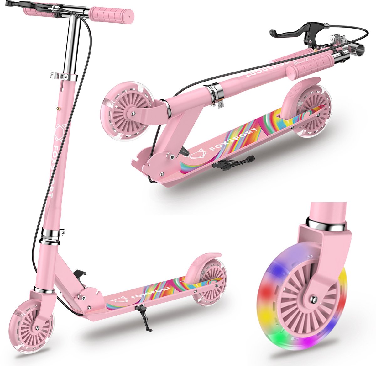FOXSPORT Kinderstep - Step - Met handrem - Hoogteverstelling op drie niveaus - Speelgoed Jongens/Meisjes - Draagkracht tot 100 kg -120mm Lichtgevende Wielen - Roze Step kopen online