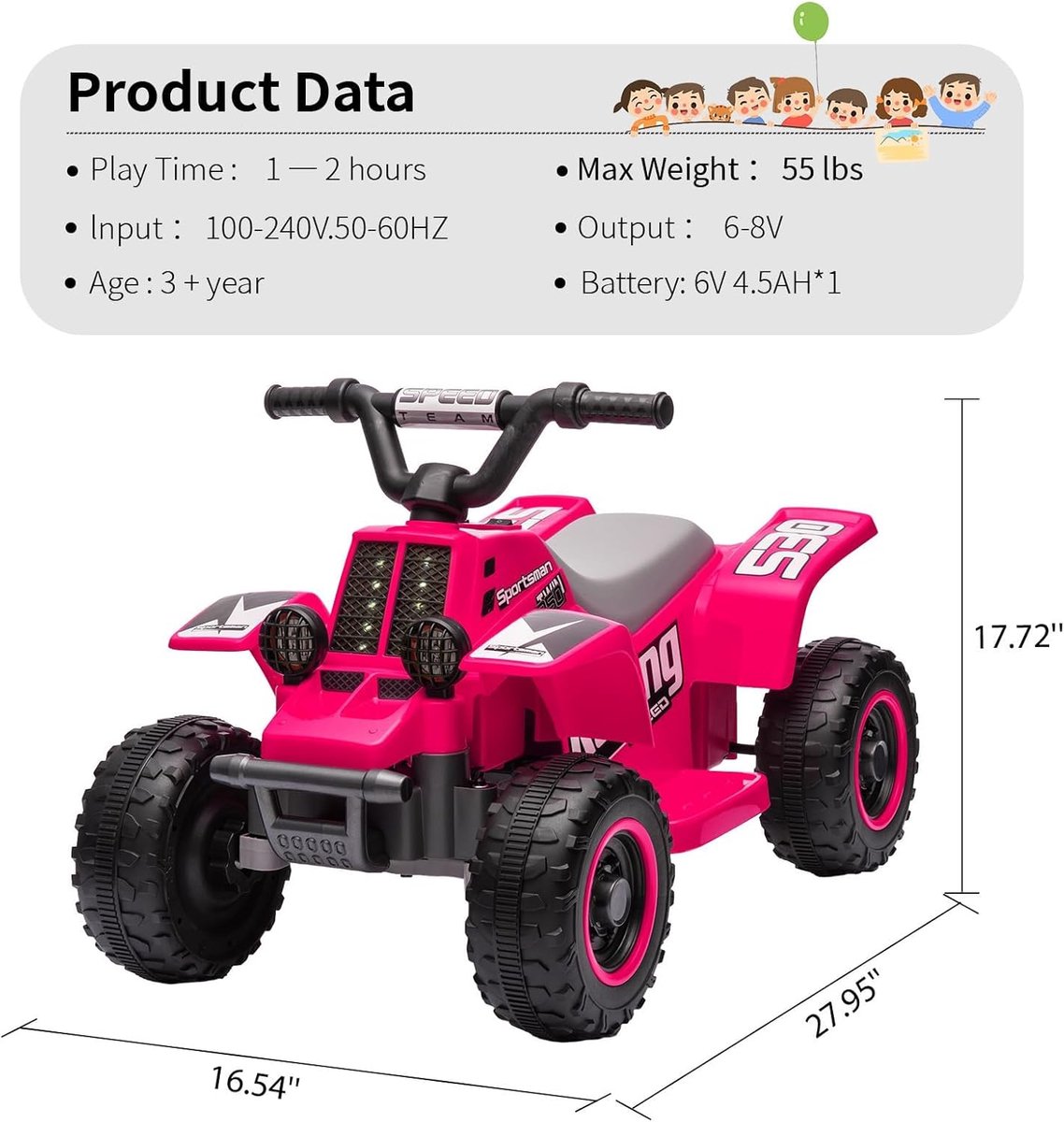 hoerfuriy elektrische kinderauto elektrische quad voor kinderen 6v auto met ledverlichting en muziek 1 8 km u met claxon start met n knop atv voor kinderen vanaf 3 jaar magenta