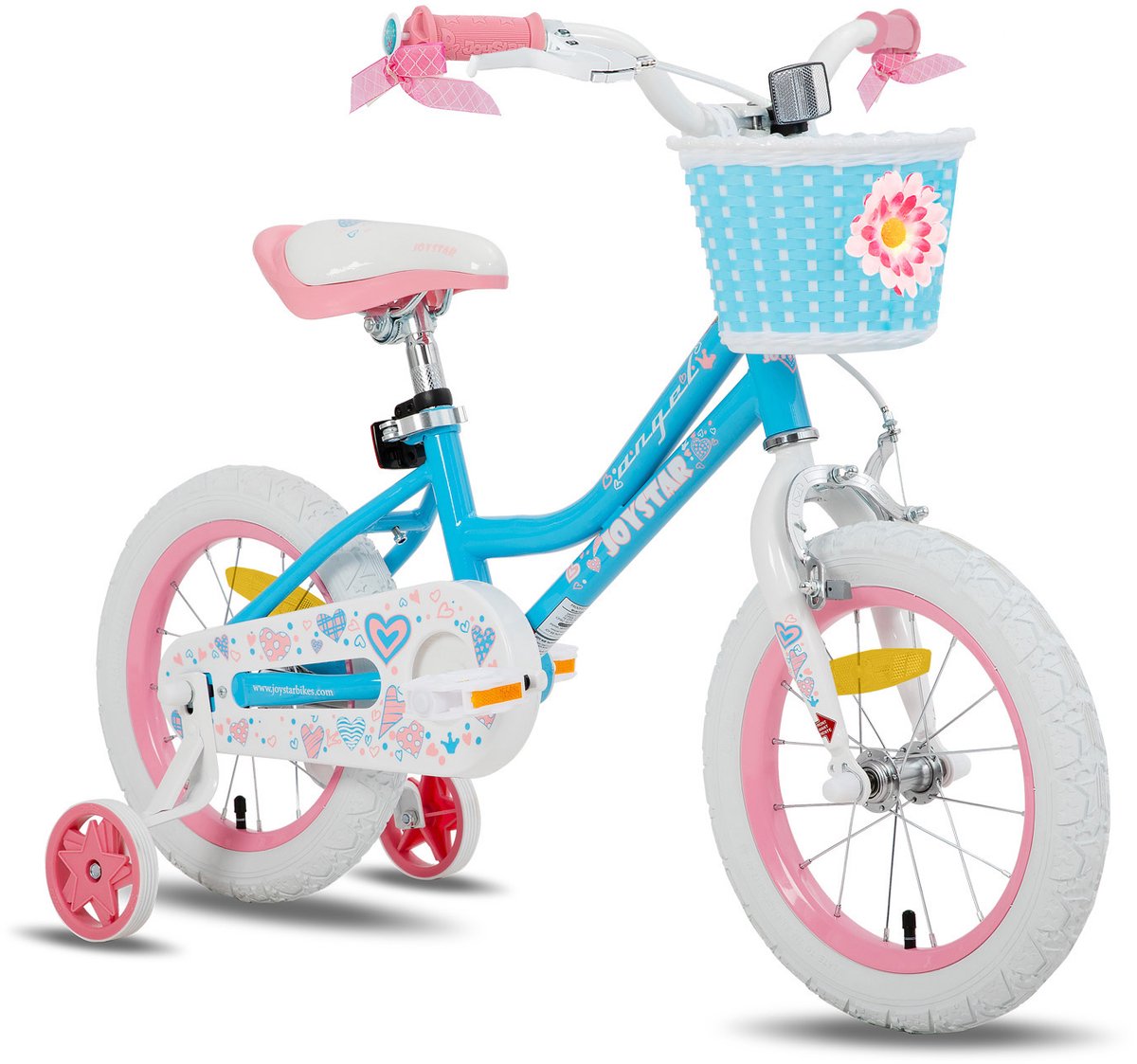 joystar angel meisjesfiets verschillende maten 16 inch met zijwieltjes handrem inclusief mandje blauw