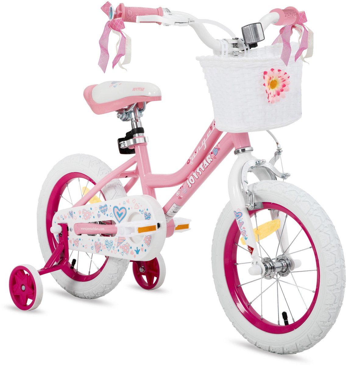 joystar angel meisjesfiets verschillende maten 16 inch met zijwieltjes handrem inclusief mandje roze