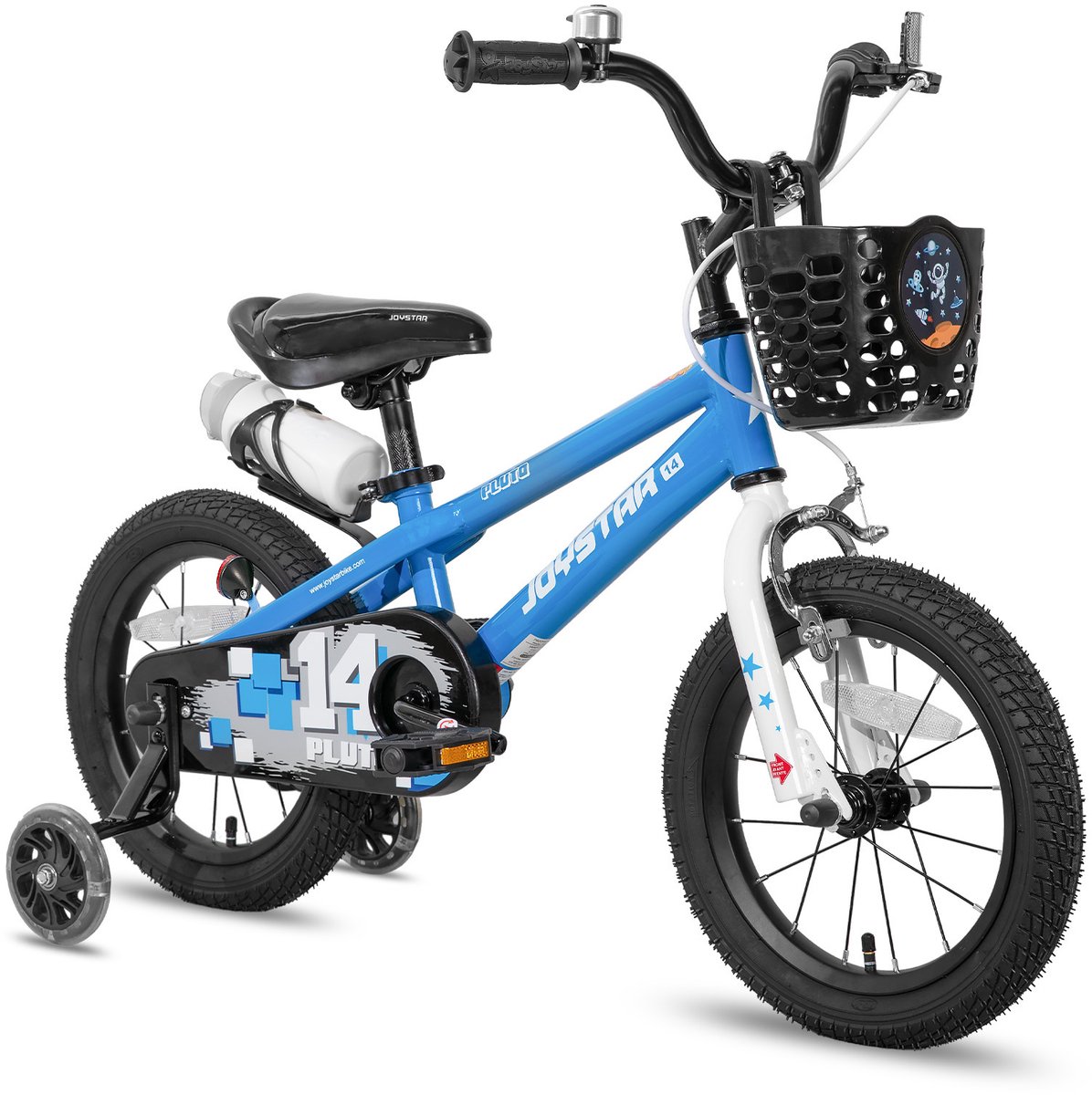 joystar pluto kinderfiets 12 inch met mandje met waterfles zijwieltjes bel handrem blauw
