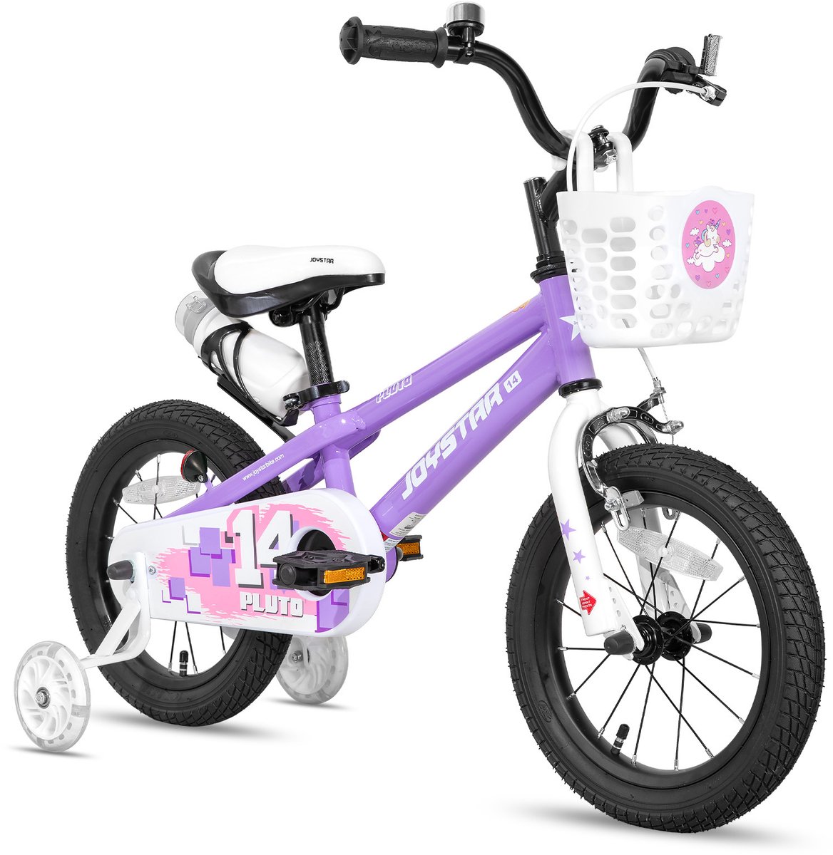 Joystar Pluto Kinderfiets - 12 inch - met mandje - met waterfles - zijwieltjes - bel - handrem - paars Kinderfiets kopen online