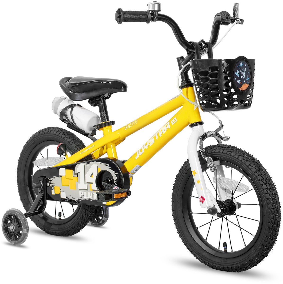 joystar pluto kinderfiets 14 inch met mandje met waterfles zijwieltjes bel handrem geel