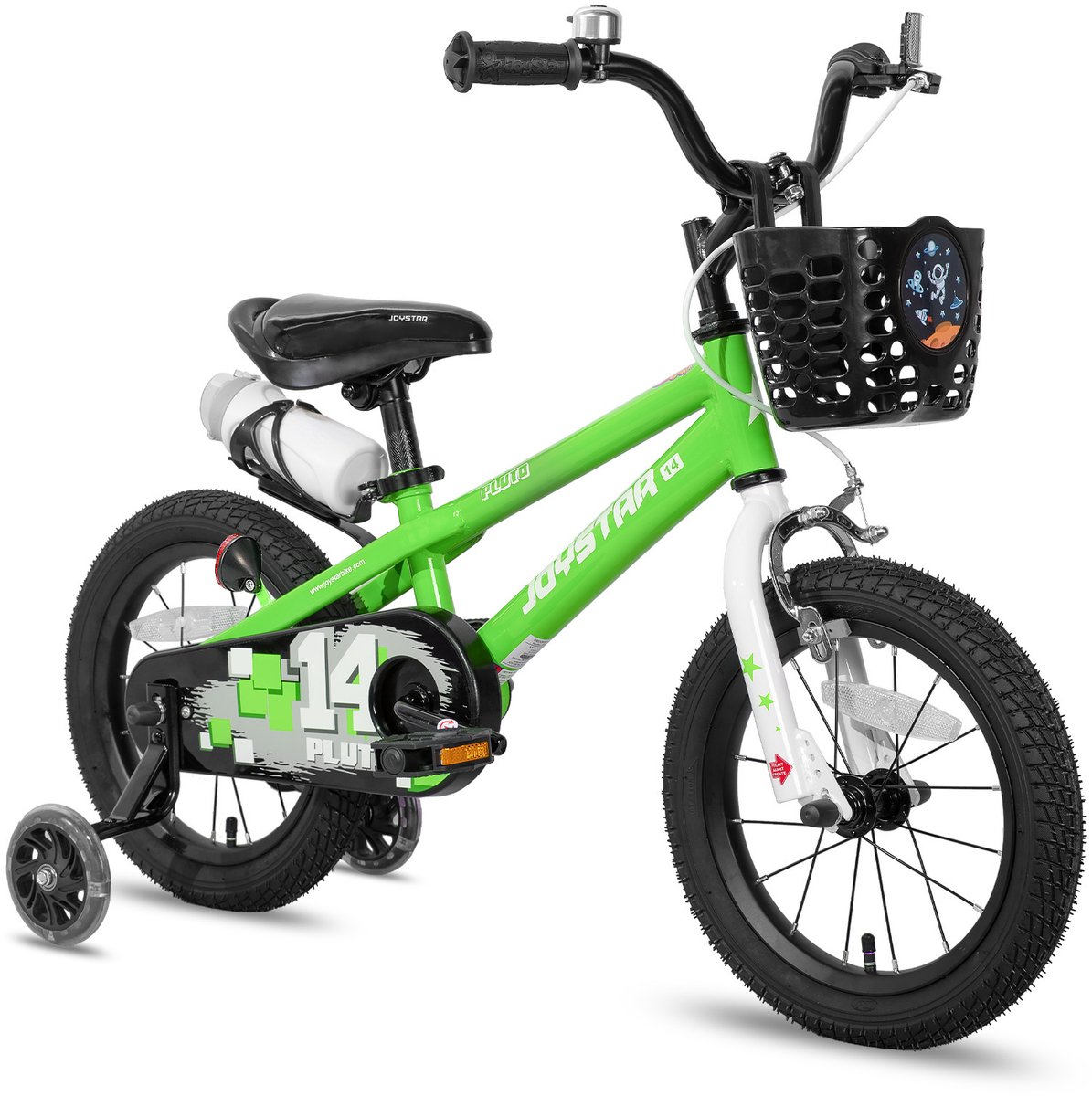 Joystar Pluto Kinderfiets - 14 inch - met mandje - met waterfles - zijwieltjes - bel - handrem - groen Kinderfiets kopen online