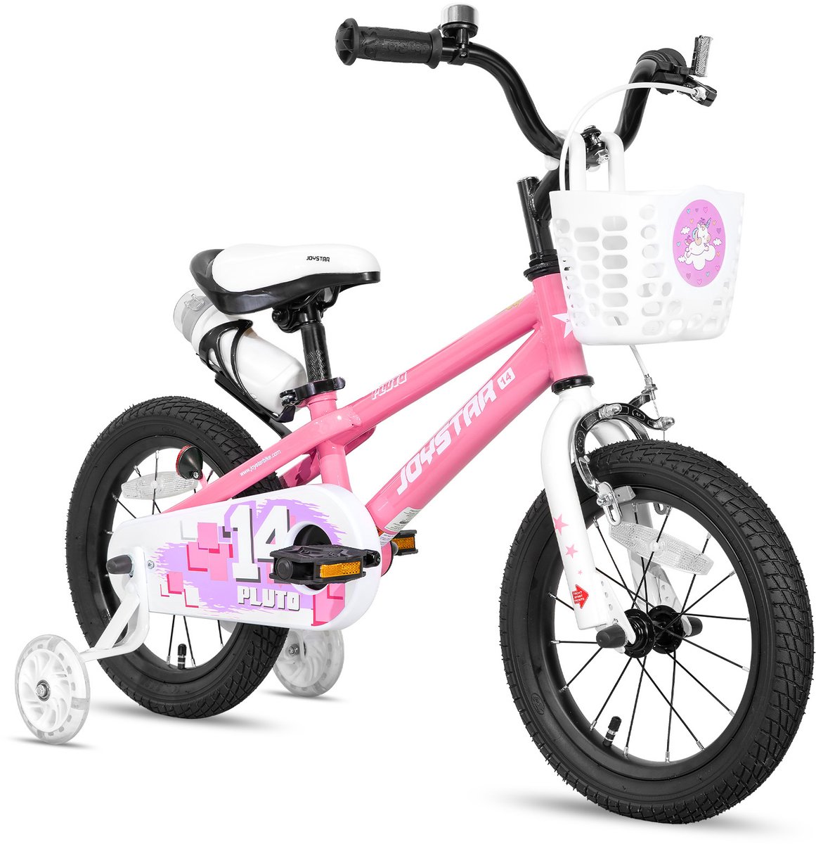 joystar pluto kinderfiets 14 inch met mandje met waterfles zijwieltjes bel handrem roze