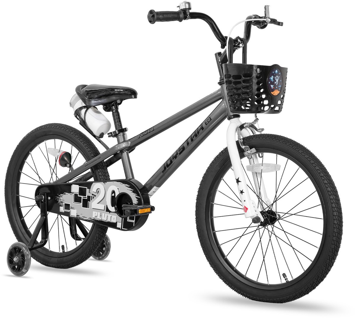 Joystar Pluto Kinderfiets - 20 inch - met mandje - met waterfles - zijwieltjes - bel - handrem - grijs Kinderfiets kopen online